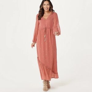 All Worthy Hunter McGrady Lurex Embroidered Chiffon Maxi Dress Rose Tassel Sz LG